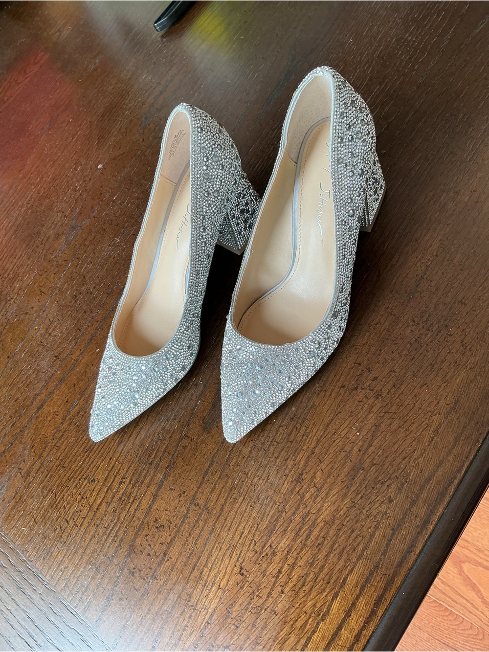 Betsey Johnson Silver Crystal Pointed Toe Block Heel Pumps